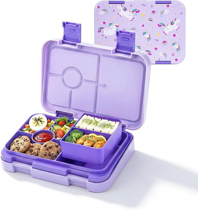 Bento Lunch Box for Kids, 6 Compartments BPA Free, Dishwasher Safe Back to School Snack Bento Lunch Containers Boxes, Ideal Portion Sizes for On-the-Go Meal, Ages 3+, School, Purple Patterned