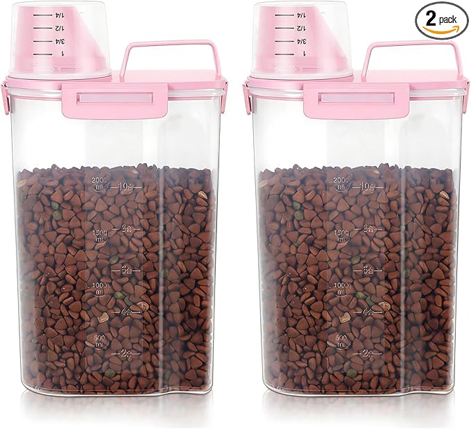 LEAWALK 3-5Lbs Airtight Small Cat Dog Pet Food Storage Containers BPA Free, with Large Pour Spout/1 Measuring Cup/ 4 Safety Locks and Double-layer Silicone Strip (Pink 2Pack)