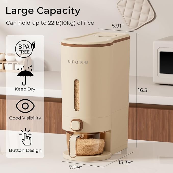Rice Dispenser, Rice Storage Container with Measuring Cup for Kitchen Pantry Household, Cereal Dry Food Storage Containers Airtight, Sealed Moisture Proof (Brown 22 Lbs)