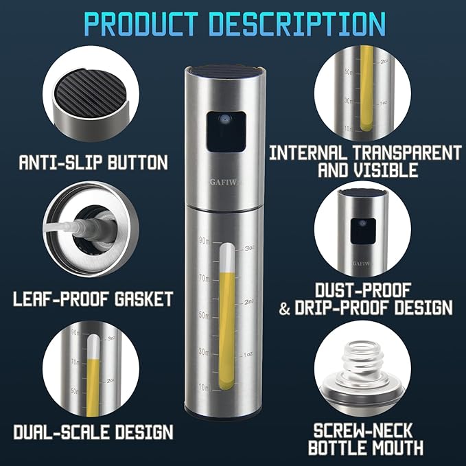 Olive Oil Sprayer for Cooking, Olive Oil Mister Spray Bottle for Cooking, Oil Dispenser Spritzer Bottle for Kitchen, SUS304 Stainless Steel, 100ml, Leak-Proof and Portable.