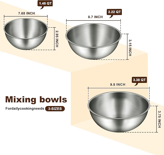 Gronivex Stainless Steel Mixing Bowls Set, Food Grade 304, Dishwasher Safe & Stackable for Baking, Tossing Salads, and Meal Prep for Your Kitchen (3 pack-1.45,2.22,3.38qt, no lid)