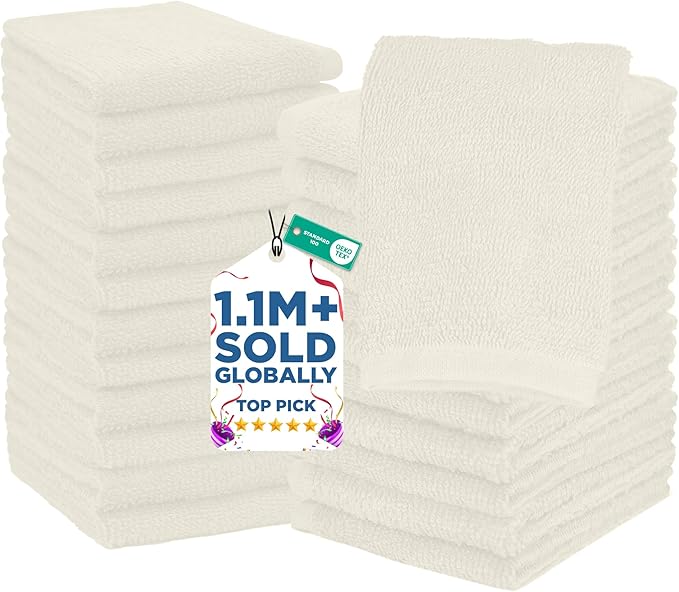 DAN RIVER 24 Pack Wash Cloths for Showering [12x12] - 100% Cotton Washcloths Premium Quality Flannel Face Cloths for Bathroom, Highly Absorbent and Soft Feel Wash Clothes, Ivory