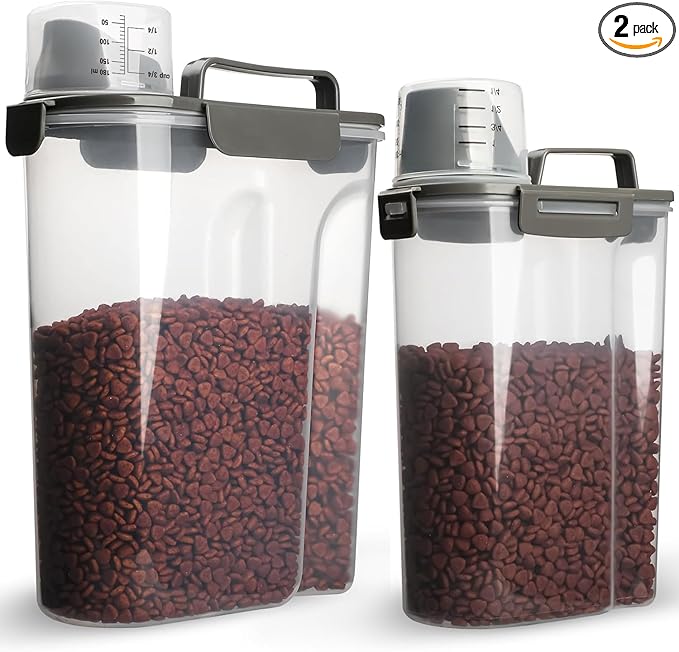 TIOVERY Dog Food Storage Container, 5-7 Lbs Airtight Pet Food Container, Cat Food Container Dispenser with Portable Handle, Pouring Spout and 4 Seal Buckles for Dogs Cats 2 Pack Grey