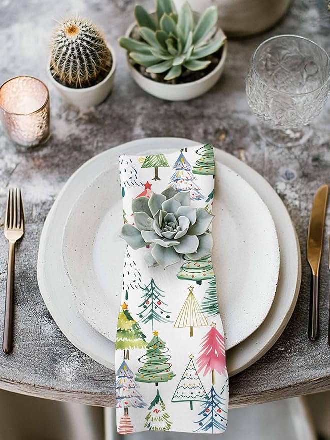 Christmas Tree Cloth Napkins Set of 6, Green Pink Blue Xmas Trees Washable Dinner Napkins Colorful Cartoon Plant Table Reusable Napkin for Home Party Wedding Dining Table Decoration, Oversized 20"x20"