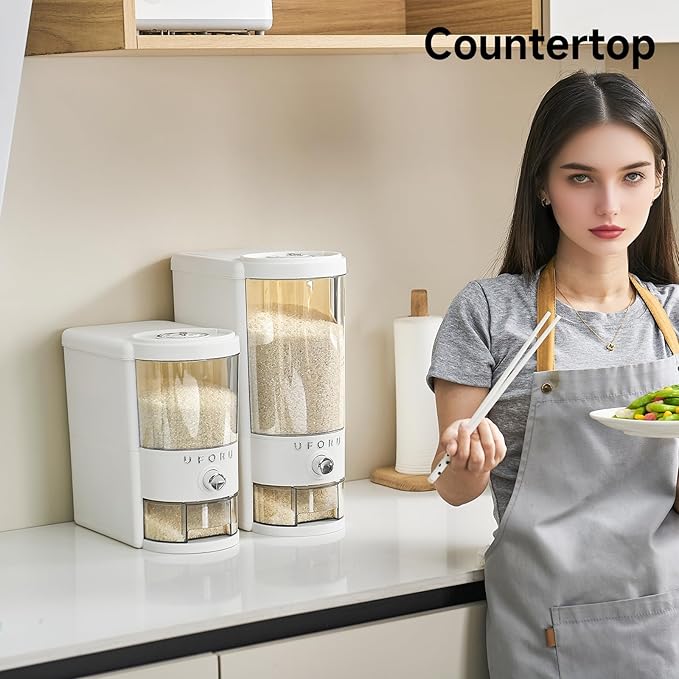 Rice Dispenser 20 lbs | Large Rice Storage Container for Kitchen&Pantry - Space-saving, Moisture & Pest-proof, BPA-Free - Dry Food Dispenser with One-Touch Dispenser & Measuring Cup for Families