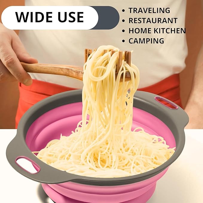 Pink Round Silicone Collapsible Colander – Small Silicone Round Kitchen Strainers with Plastic Handles Foldable Kitchen Strainer Perfect for Draining Pasta Vegetable and Fruit