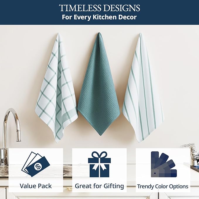 LANE LINEN Kitchen Towels & Dishcloths Set of 12-100% Cotton, Quick-Drying 18” x 28” Absorbent Dish & Tea Towels, Soft Hand Towels for Kitchen - Aqua