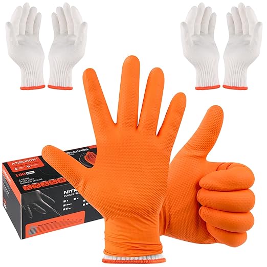 ANBOSON BBQ Gloves for Grilling Disposable Heat Resistant - 100 Nitrile Gloves + 4 Reusable Cotton Liners for Cooking Smoker -Orange XLarge