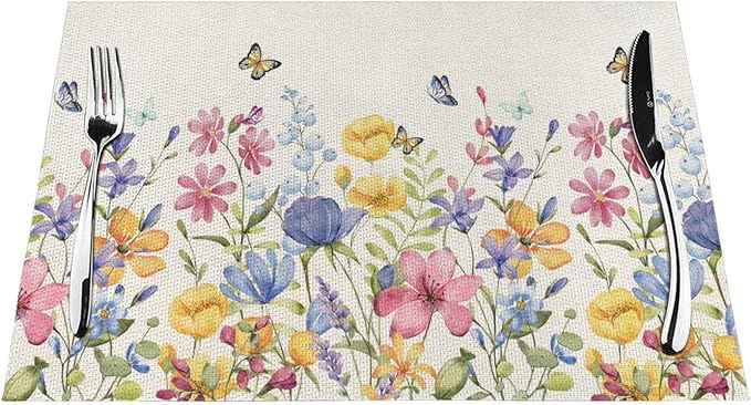 Spring Floral Placemats 12x18 Inches Set of 4 Colorful Flower Butterfly Decorative Rectangle Table Mats Summer Colorful Linen Place mats for Party Home Kitchen Dining Table Decor