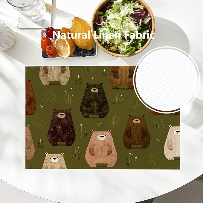 Batmerry Cute The Bear in Olive Brown Placemats, Bears Pattern Green Background Washable Linen Table Mats for Kitchen Table Double Insulation Decor Dining Set Indoor Outdoor 12X18 in Set of 4