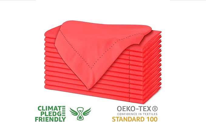 Urban Villa Cloth Napkins Set of 12 20"x20" 100% Cotton Hemstitch Napkins Cloth Washable Durable Reusable Absorbent Table Dinner Napkins Cloth for Christmas Hotel Lunch Restaurant Weddings Parties–Red