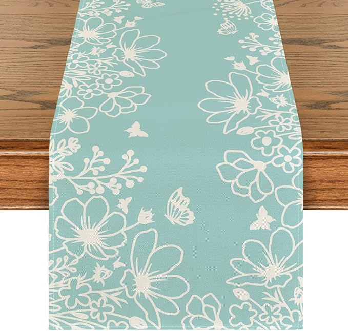 Artoid Mode Blue Bloom Flowers Butterfly Spring Table Runner, Seasonal Holiday Kitchen Dining Table Decoration for Home Party Indoor 13x72 Inch