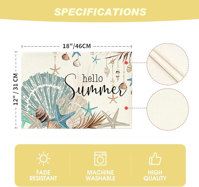 Artoid Mode Sunshine Starfish Shell Summer Placemats Set of 4, 12x18 Inch Seasonal Spring Holiday Table Mats for Party Kitchen Dining Decoration