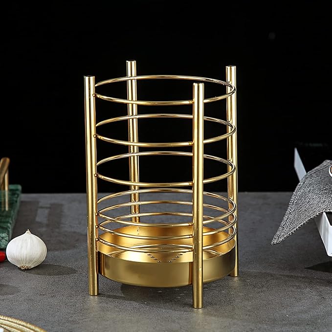 Gold Kitchen Utensil Holder for Kitchen Counter, Stainless Steel Utensil Crocks, Gold Titanium Coating Utensil Storage Caddy Organizer, Cooking Utensil Holder, Easy Cleaning (Gold/7.4''x5.2'')