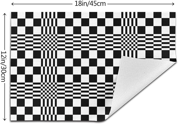 Modern Checkered Linen Placemats Set of 4, Retro Black & White Geometric Patterned Place Mats for Dining Table, Kitchen, Party, 12 x 18 Inch Non-Slip Heat Resistant White Black Table Mats, Home Decor