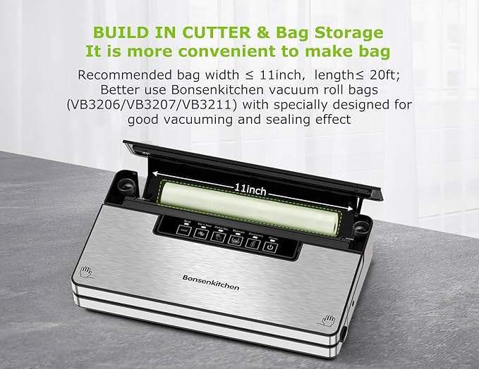 Bonsenkitchen Vacuum Sealer Machine, Stainless Steel Food Sealer Vacuum Sealers with 1 Roll & 5 Bags, 5 Food Vacuum Modes, Built-in Cutter & Bag Storage (Silver Black)