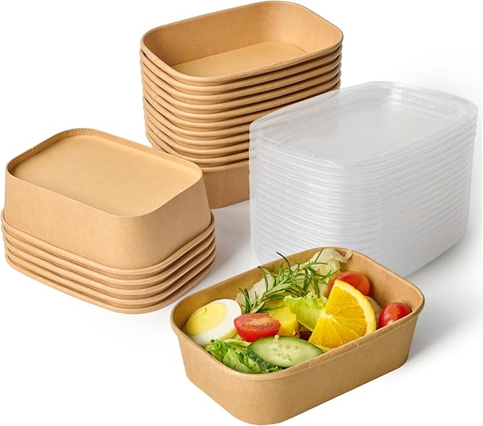 JOLLY CHEF 50 Pack Paper Food Containers with Lids, 19 oz Disposable Meal Prep Containers, Rectangular Paper Bowls with Lids for Thanksgiving, Christmas, Parties