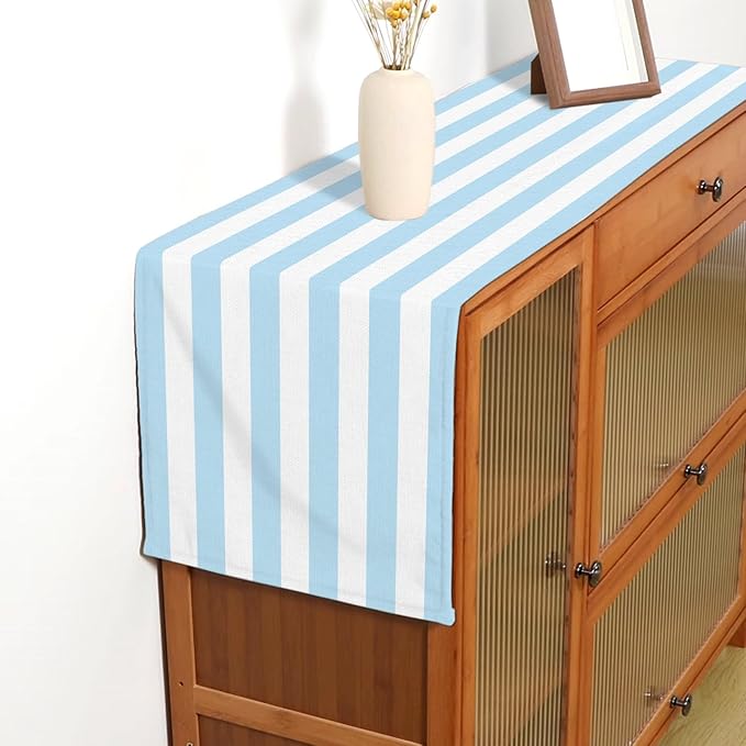 Light Blue and White Cabana Striped Table Runner Coastal Theme Wedding Party Decoration Birthday Baby Shower Dining Room Home Kitchen Table Decor (13" x 72")