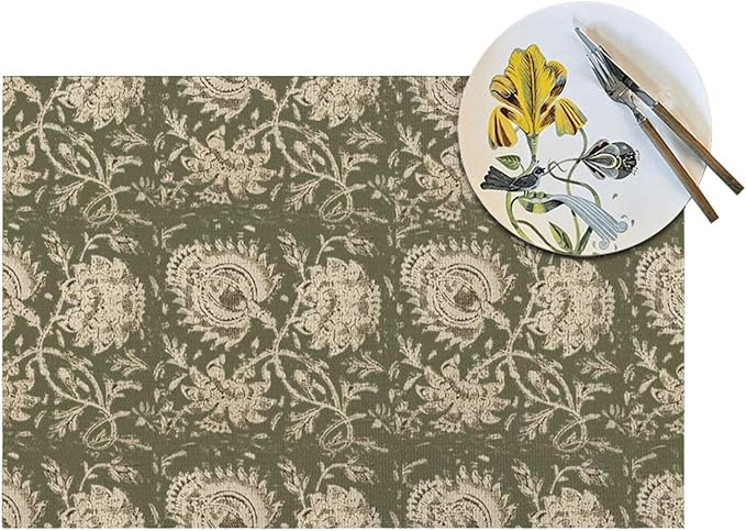 Boho Place mats Set of 4,12x18 Inches Sage Green Block Print Floral Decorative Spring Summer Flower Decor Placemats Rectangle Linen Table Mats for Party Home Kitchen Dining Table Decoration