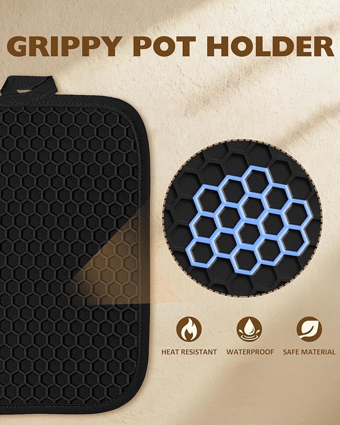 Slohif Silcone Cherry Pot Holders for Kitchen - 100% Cotton Black Cute Oven Potholders with Pockets, Heat Resistant Square Thick Hot Pads, House New Home Baking Baker Gifts,2pack