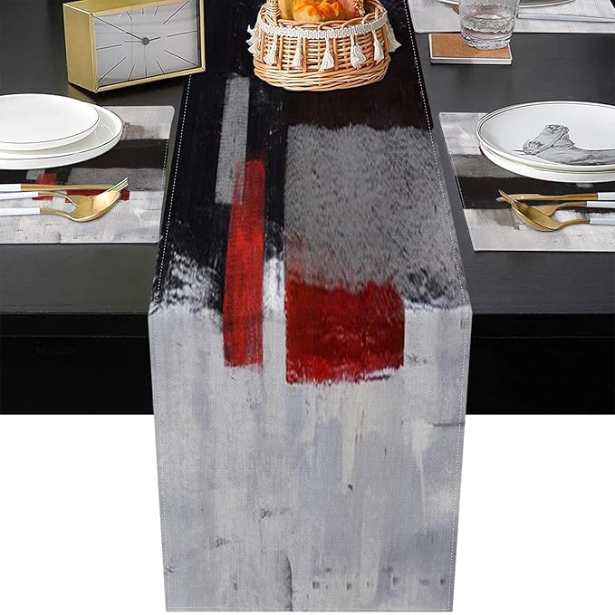 Emvency Abstract Table Runner and Placemats Set of 6, Modern Red Black Grey White Painting Art Dining Decor for Daily Use(1 Table Runner 72 inches Long and 6 Placemats)