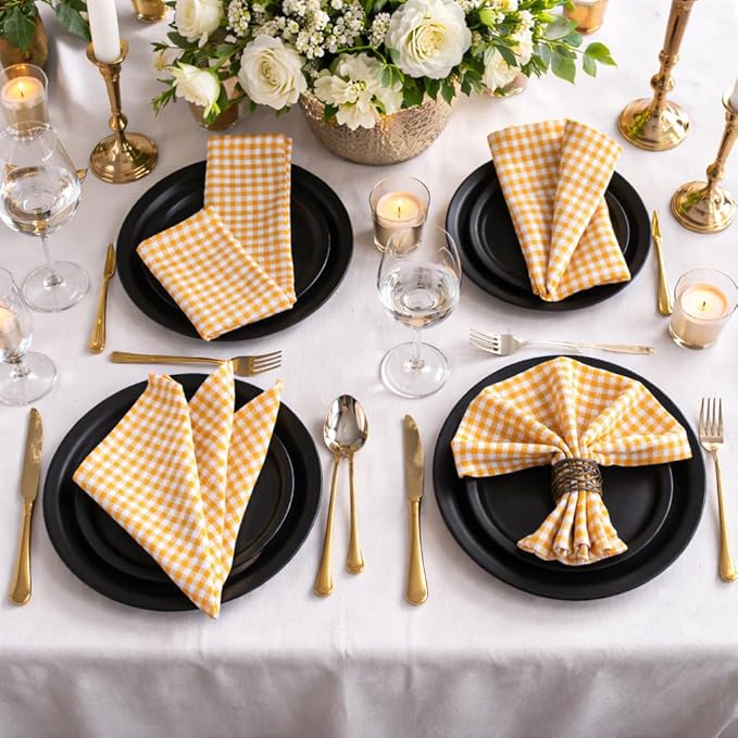 Mini Gingham Check Cloth Napkins Set of 4, 16"x16", 100% Cotton, Super Absorbent & Reusable, Washable Fabric Napkin Dinner, Events, Everyday Use - Mustard Yellow