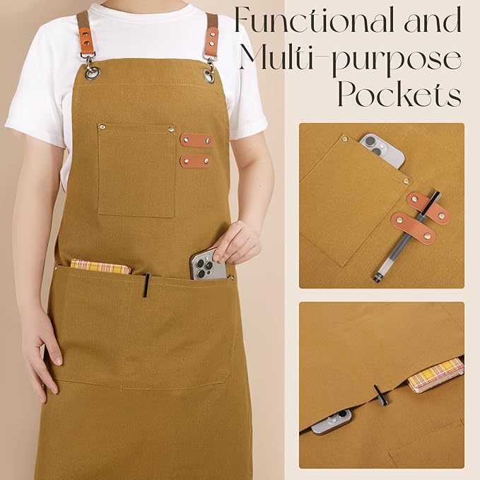 Chef Aprons for Men Women with Large Pockets, Cotton Canvas Water Repellent Kitchen Apron for Cooking