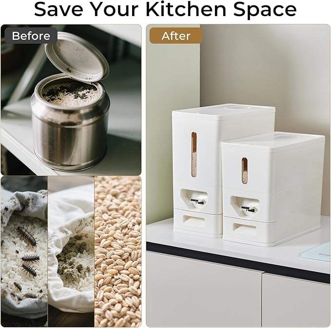 Rice Dispenser 12 Lbs (6kg), Dry Food Storage Container Sealed Moisture-Proof with Built-in Drawer for Kitchen Pantry Household, BPA-Free
