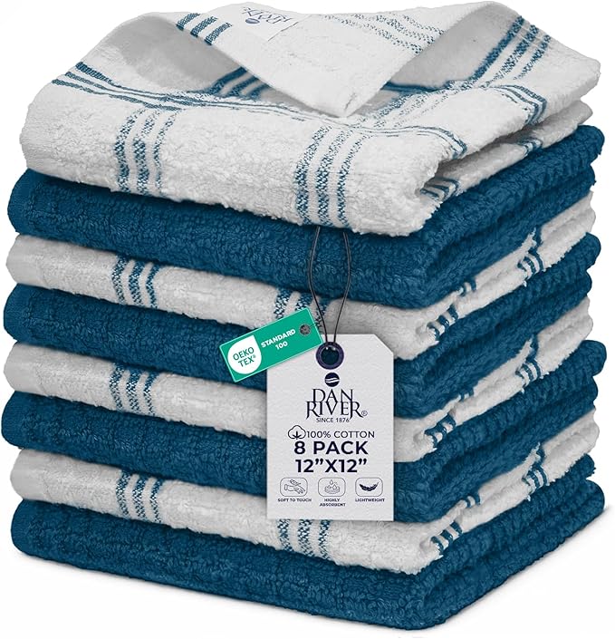 DAN RIVER Premium Dish Cloth 100% Cotton 12 X 12 Inches |Pack of 8|-Ultra Soft Tea Towels-Highly Absorbent Kitchen Rags-Terry Dishcloth for Kitchen and Household Cleaning |Blue Opal|
