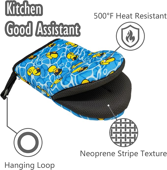 Yellow Duck Oven Mitts, High Heat Resistant Kitchen Oven Gloves, Mini Silicone Oven Mitts, Non-Slip Grip Surfaces and Hanging Loop for Grilling, Baking, Cooking and Microwave, Gift