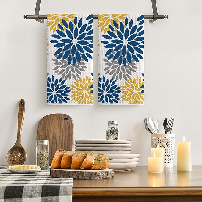 Artoid Mode Dark Blue Dahlia Floral Kitchen Towels Dish Towels, 18x26 Inch Quick Dry Microfiber Cloth Hand Towels for Kitchen Drying Set of 2