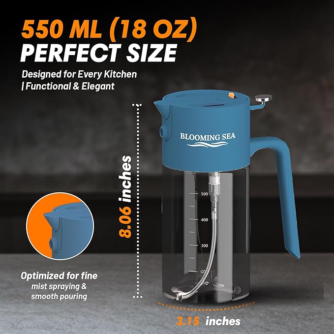 2-in-1 Oil Sprayer and Dispenser – 550ml Glass Olive Oil Bottle with Spray and Pour Modes – BPA-Free, Leakproof, Kitchen Oil Mister for Cooking, Air Fryer, BBQ (Deep Blue)