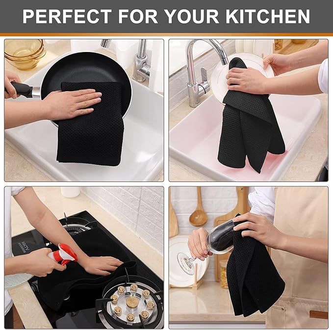 Kitinjoy 100% Cotton Waffle Weave Kitchen Hand Towels (13 X 28 Inches, Black), 12-Pack Super Soft and Absorbent Dish Towel for Drying Dishes