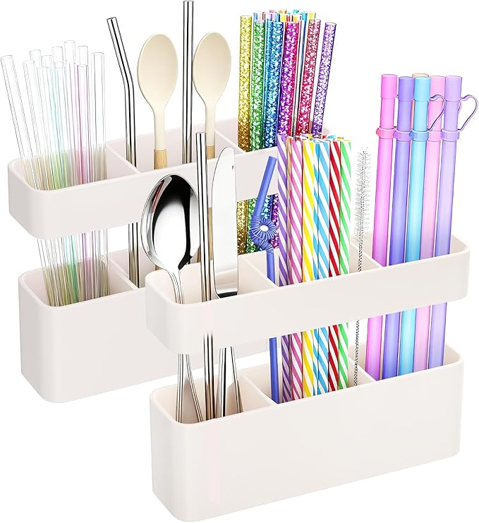 MoodLife 2-Pack Silicone Straw Holder for Cabinet Door,Reusable Adhesive Container for Kitchen Storage Solutions, Cupboard Organizer and Space Saving Hacks (White)