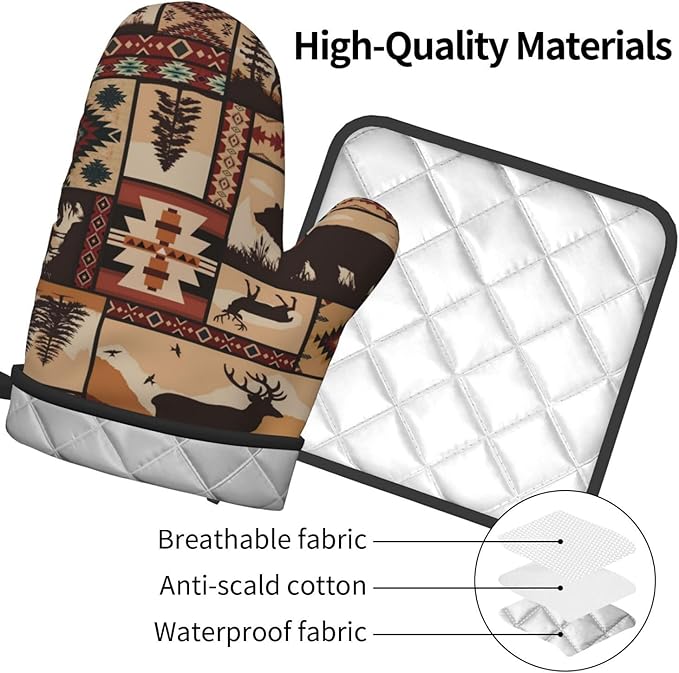 3 - Piece Brown Rustic Wildlife Oven Mitts & Pot Holders Sets, Cute Decorative Heat Resistant Kitchen Gloves and Hot Pad for Cooking Baking BBQ, Gifts for Outdoor Nature Lovers Baker Camper Stuff