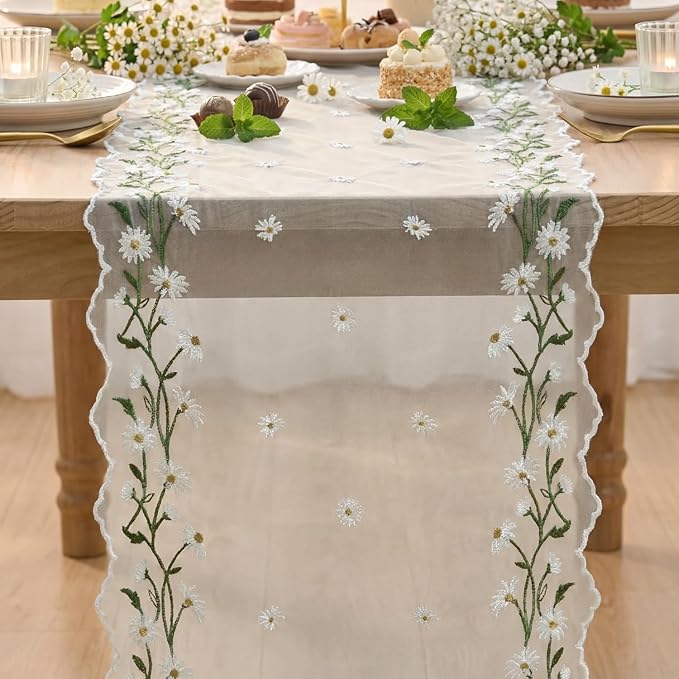 Artoid Mode Daisy Floral Milky White Shaped Gauze Embroidery Table Runner 120 Inch 10FT, Tulle Spring Summer Kitchen Dining Table Decor for Home Party