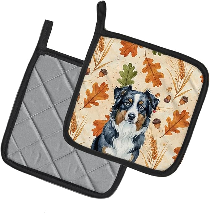 Caroline's Treasures Black Australian Shepherd Heirloom Fall Pair of Pot Holders Pair 7.5x7.5 Quilted Insulated Hot Pads Decorative Kitchen Gift Made in USA