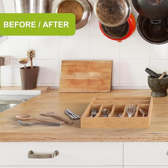 Unibambou Bamboo Utensil Drawer Organizer, Silverware Tray Organizer, Kitchen Drawer Organizer for Flatware Cutlery, Silverware Tray for Drawer (Natural, Large 16.5x12.3 Inch)