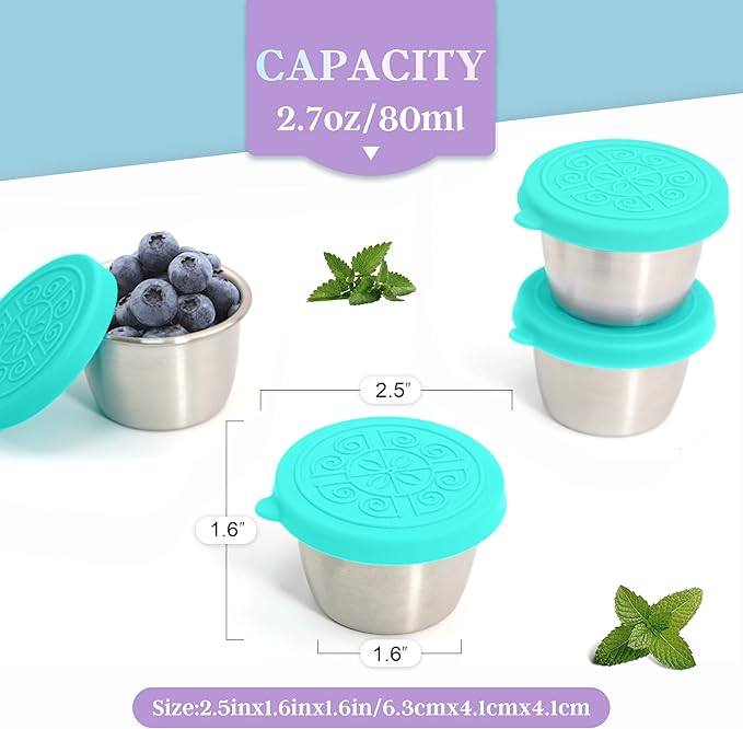 Qukaka 6x2.7 Oz Salad Dressing Container to Go,Handy Leakproof Stainless Steel Meal Prep Containers Reusable,Sauce Containers for Lunch Box, Picnics, Travel, Office and Kitchen Storage