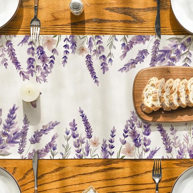 Artoid Mode Purple Lavender Floral Butterflies Spring Table Runner, Seasonal Summer Kitchen Dining Table Decoration for Home Party Decor 13x60 Inch