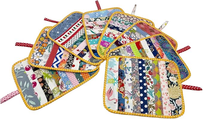 2Pcs Beautiful Cotton Pot Holders for Kitchen, 100% Cotton Fabric Handmade Patchwork Table Mats Set, Heat Resistant Mat Pads with Pocket and Hanging Loop, Potholder Teapot Mitts Washable