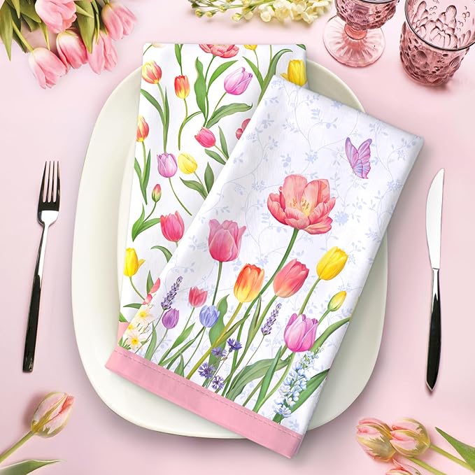 Tulip Spring Floral Tea Towels, Lavender Summer Cotton Kitchen Towel 18.9 × 27.5 inch, Quick Drying Dish Cloth for Party Anniversary Holiday Decoration, Housewarming Gifts for Mom