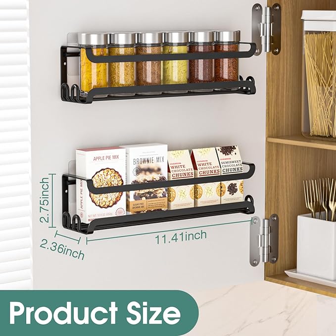 LUCYCAZ 4 Pack Wall Mounted Spice Rack with 16 Hooks, Spice Organizer Shelf for Stove Cabinet Pantry Door,Screw or Adhesive Spice Shelf Hanging Wall Spice Rack in Kitchen and RV (Black, 4 PACK)