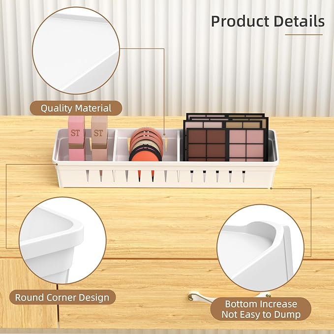 Desk Drawer Organizer Tray 4 PCS Plastic Office Drawer Organizer Bins Junk Organizer Divider with Non-Slip Silicone Pads, Makeup Vanity Organizer for Drawer, White