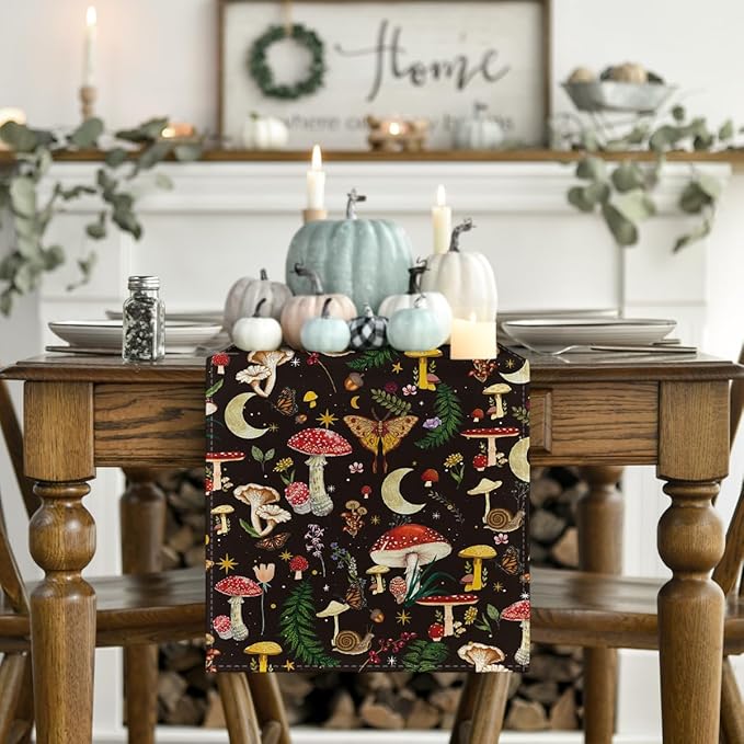 Artoid Mode Black Modern Mushroom Fall Table Runner, Seasonal Botanic Farmhouse Kitchen Dining Table Decoration for Home Party Decor 13x72 Inch
