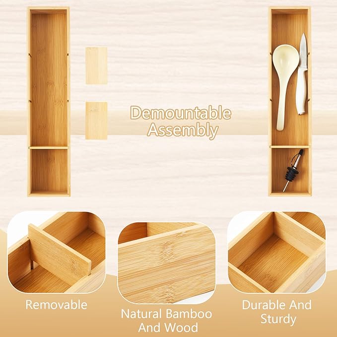 Hushee 2 Pcs Bamboo Drawer Organizer with 3 Removable Dividers 17.5 x 4 x 2.5 Inch Bamboo 4 Compartment Organizer Tray for Bathroom Kitchen Tableware Office Supplies Cosmetics Classification