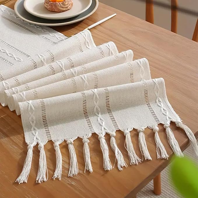 Niviy Ivory White Rustic Linen Table Runner 72 Inches Long with Tassels, Embroidered Table Runner Farmhouse for Party, Dresser Decor and Dining Room Decorations (White, 12"×72")