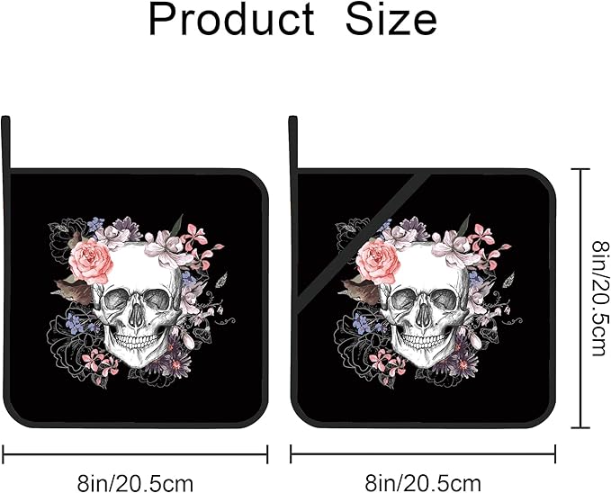 Skull with Flowers Pot Holders Set of 2 Kitchen Heat Resistant Potholder for Microwave Cooking Baking Oven End Dishes and BBQ