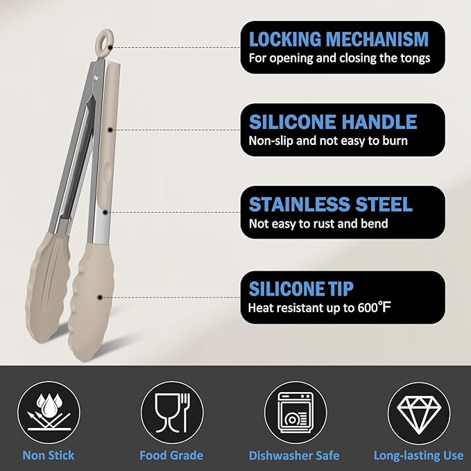 Kitchen Tongs, Stainless Steel Cooking Tongs with Silicone Tips, 600ºF High Heat-Resistant Non Scratch Locking Tongs for Cooking BBQ Grilling Air Fryer Pans, Set of 3 (7" 9" and 12") Beige