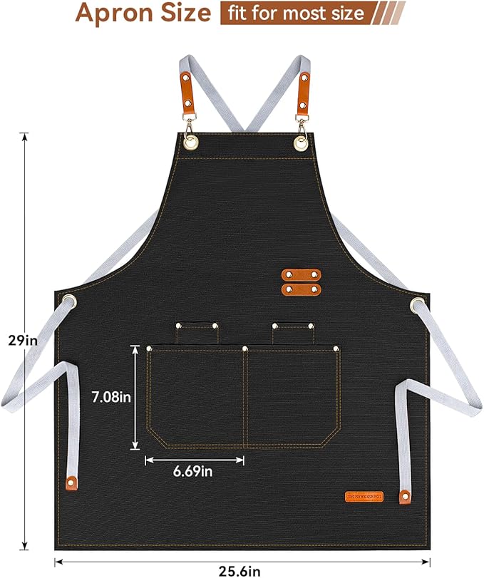 Teskyer Kitchen Cooking Apron with Pockets, Water Oil Resistant, Canvas Cross Back Aprons for Men Women Chef Server